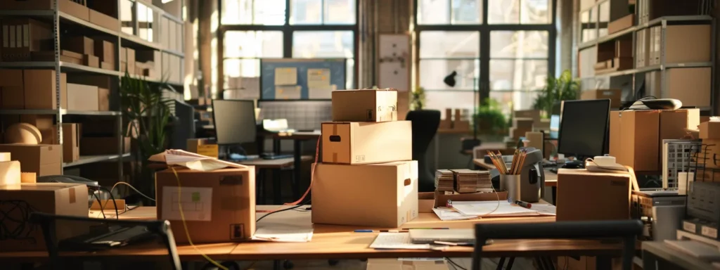 a bustling urban office filled with organized moving boxes and a detailed checklist on a large desk, capturing the anticipation and preparation for a seamless moving experience.