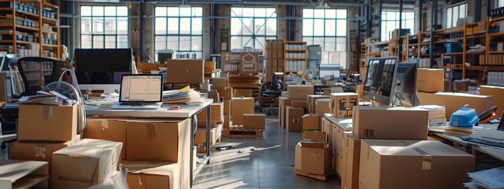 a bustling warehouse scene showcases individuals expertly packing fragile items into sturdy corrugated boxes, surrounded by rolls of bubble wrap and foam peanuts, emphasizing the importance of proper packing materials for safe shipping.