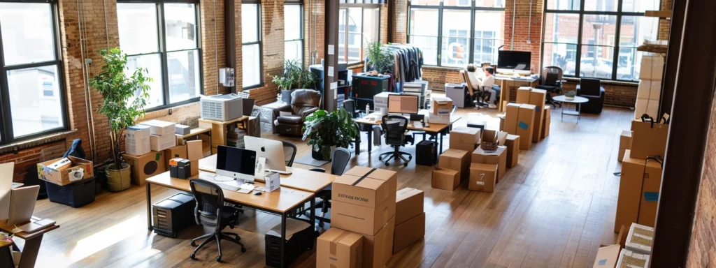 a bustling urban office space showcases a diverse team of movers collaborating at a large conference table, surrounded by equipment like boxes and packing materials, highlighting the range of specialized moving services offered by next door movers.