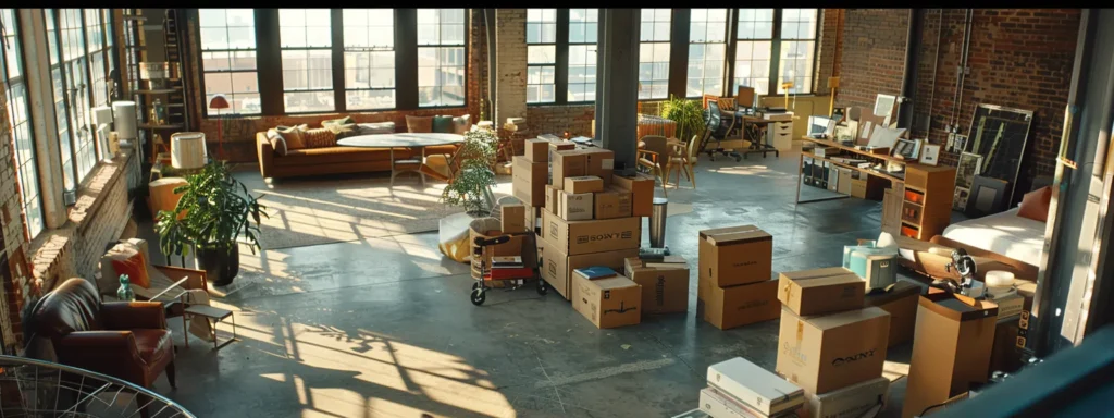 a bustling urban office space showcases a diverse group of professional movers engaged in seamless logistical coordination, with testimonials from satisfied clients prominently displayed, reflecting the expertise and reliability of local moving services in marlboro.