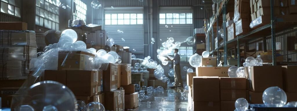 a bustling urban packing facility where meticulous workers carefully bubble-wrap delicate glass and ceramic items, surrounded by stacked cardboard boxes, showcasing the importance of safeguarding fragile goods during transport.