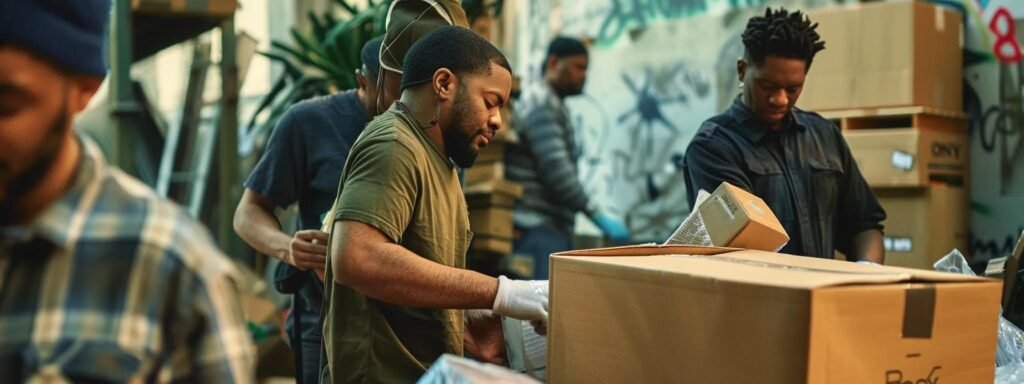 a bustling urban packing scene captures a diverse group of individuals carefully wrapping and securing fragile items in sturdy boxes, emphasizing the importance of protection during a move.