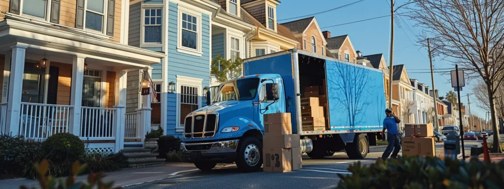 a bustling urban scene captures a local moving company team strategically loading a vibrant blue truck with coastal-themed furniture and boxes outside a charming sea bright home, highlighting their community focus and expertise in handling neighborhood moves.