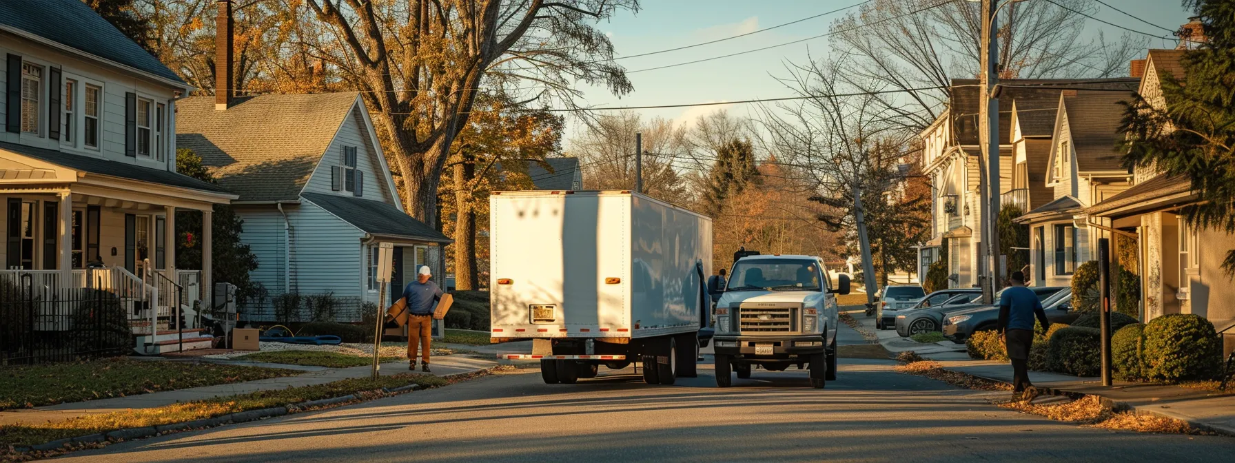 a bustling urban scene features a vibrant moving company truck parked outside a suburban home in shrewsbury, nj, surrounded by professional movers efficiently loading furniture with a sense of organized urgency.