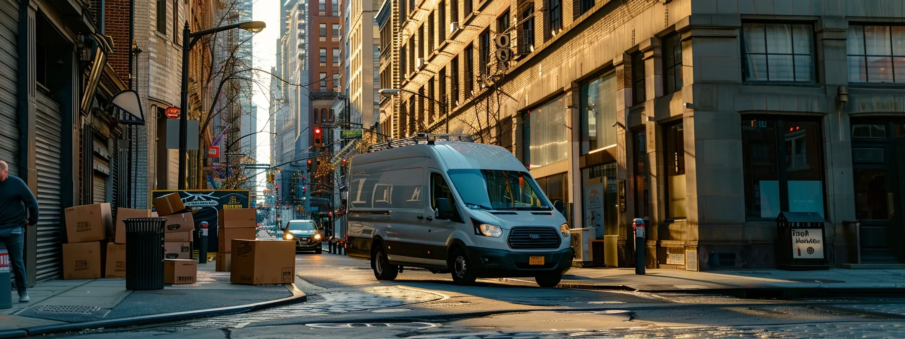 a bustling urban street in wall, nj, showcases a professional moving company van parked alongside energetic movers efficiently loading boxes into the vehicle against a backdrop of commercial buildings, emphasizing the dynamic nature of relocation services.