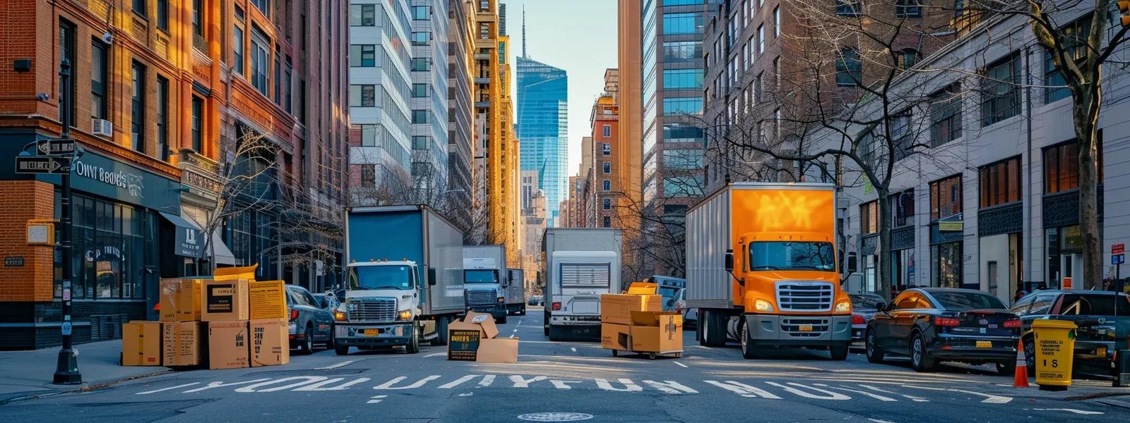 a bustling urban street in roosevelt, nj, showcases a vibrant moving company in action, with brightly colored trucks parked alongside neatly packed boxes and professional movers coordinating their efforts against a backdrop of modern buildings.
