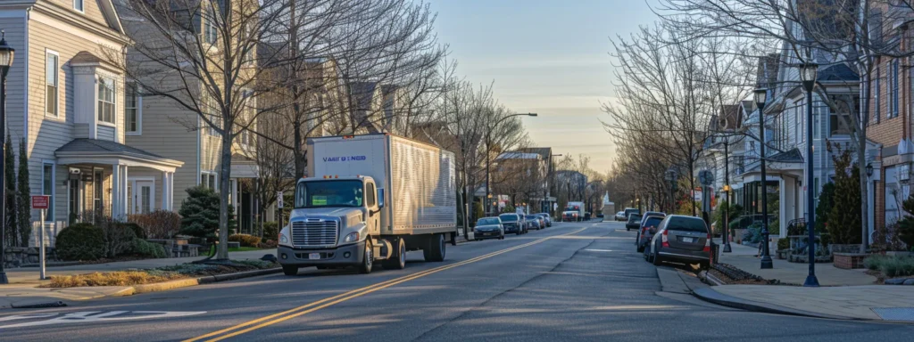 a bustling urban street in spring lake, nj, showcases a moving truck carefully maneuvering through residential roads, with clear signage highlighting local regulations and advice specifically designed for newcomers navigating their relocation challenges.