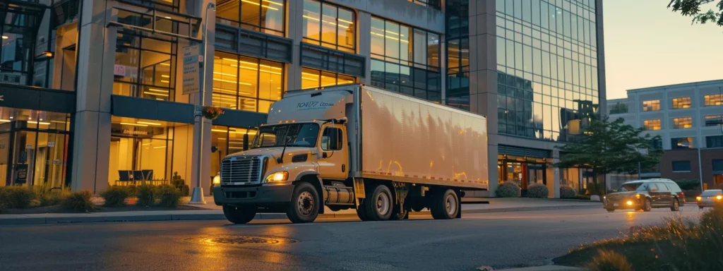 a bustling urban street scene captures a vibrant moving company truck parked outside a modern office building in upper freehold, nj, with movers efficiently loading furniture and boxes, emphasizing the theme of relocation and urban logistics.
