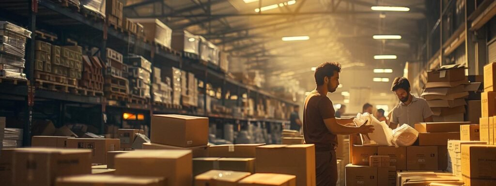 a bustling urban warehouse scene captures meticulous workers assessing the packing methods and materials used for fragile items, surrounded by neatly stacked boxes under bright overhead lights, emphasizing a commitment to safety and efficiency in shipping practices.