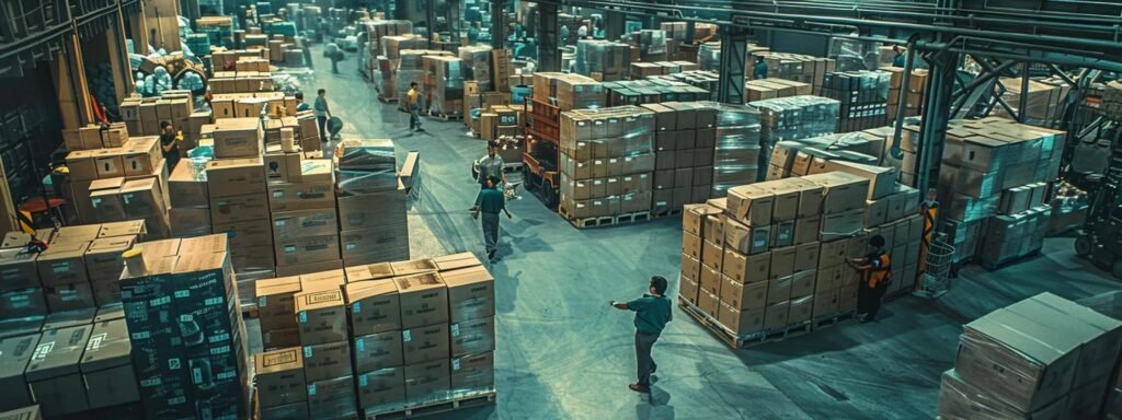 a bustling warehouse scene captures workers carefully navigating through rows of stacked boxes, each prominently labeled