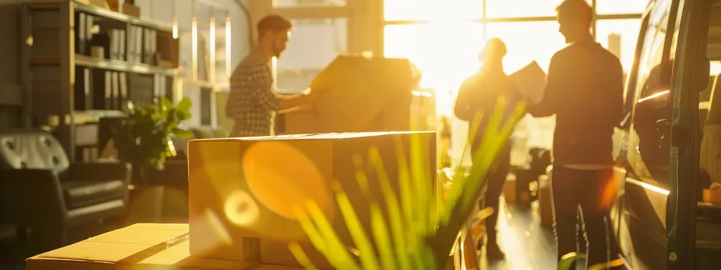 a busy moving day scene in a bright, organized shrewsbury office, showcasing a professional crew efficiently loading furniture into a modern moving truck while managing paperwork and checking off items on a clipboard.