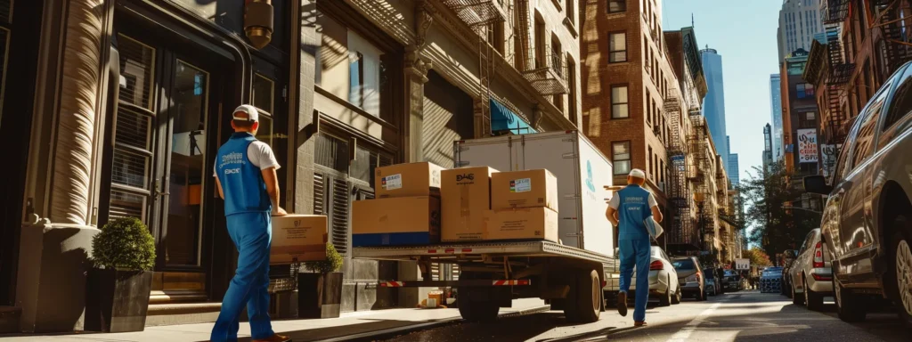 a confident moving team, clad in branded uniforms, meticulously packs furniture into a truck in a well-organized urban setting, showcasing their commitment to careful handling and professional service.
