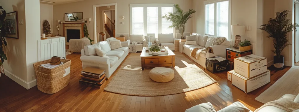 a cozy, well-organized living room in a newly furnished home, featuring strategically arranged furniture and unpacked boxes, conveying a sense of warmth and community connection in sea girt.