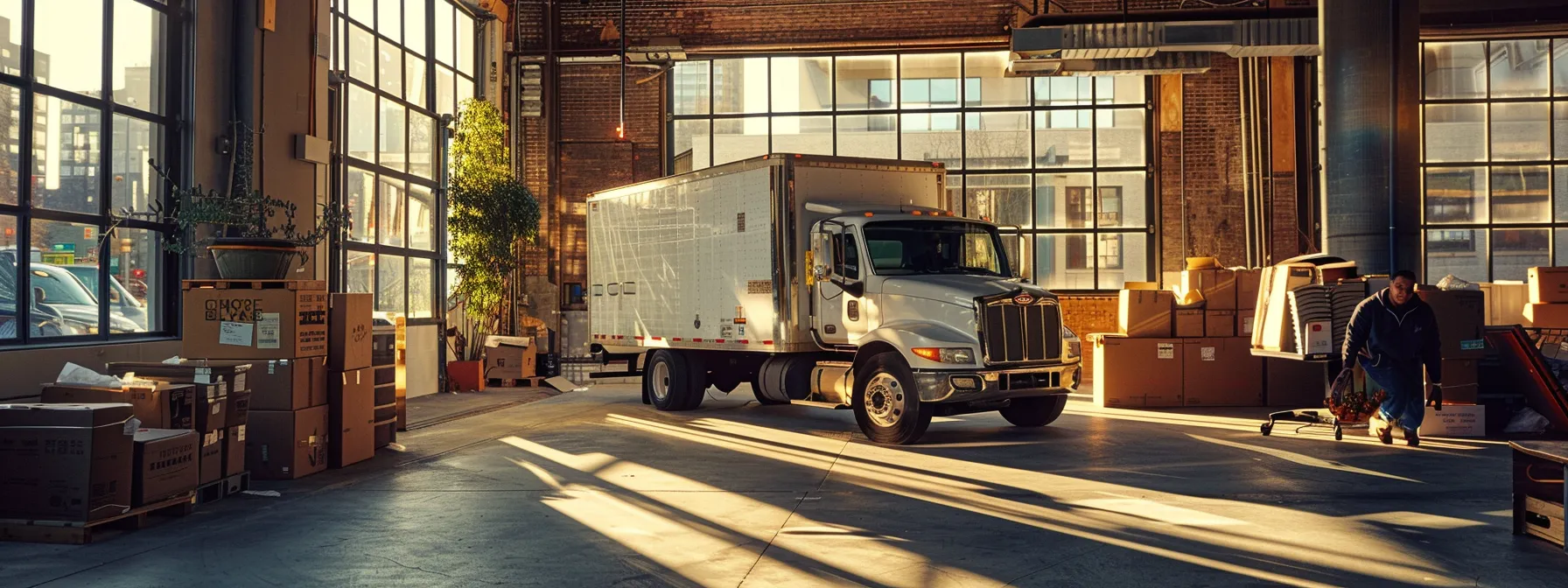 a dynamic interior scene captures a professional mover expertly maneuvering a large, packed moving truck within a bustling urban environment, showcasing the energy and efficiency of a high-demand moving company.
