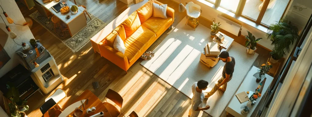 a dynamic moving day scene in a modern urban apartment, showcasing a well-coordinated team of movers efficiently packing boxes and furniture, surrounded by a busy timeline displayed on a tablet, while vibrant energy is evident as they adapt to challenges and celebrate small victories.