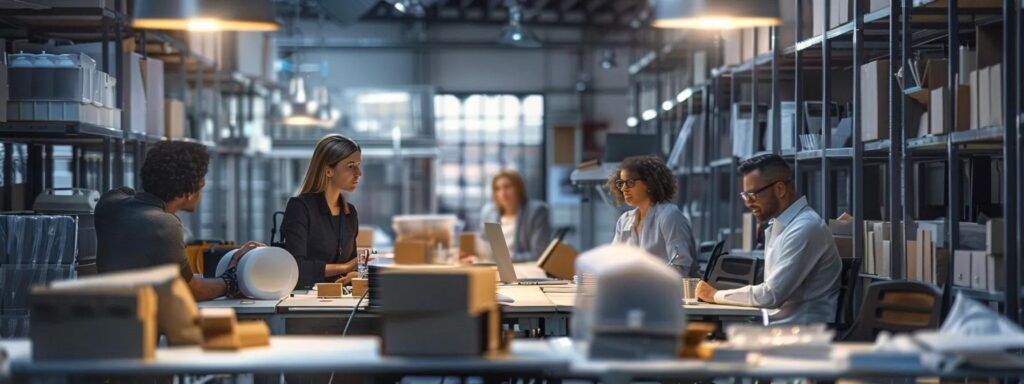 a dynamic office environment captures a diverse group of professionals collaboratively strategizing efficient packing techniques, surrounded by neatly stacked boxes and packing supplies, illuminated by bright overhead lights to highlight their focused expressions.