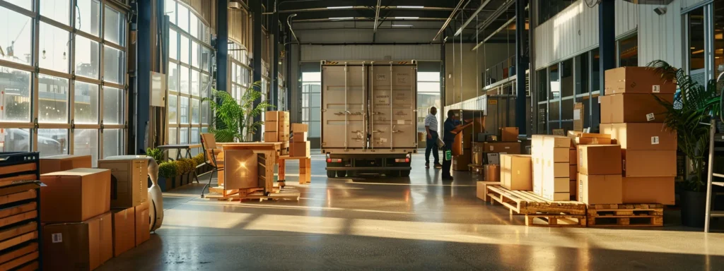 a dynamic office setting filled with professional movers efficiently packing and loading boxes into a sleek, branded moving truck, showcasing their commitment to customer satisfaction and timely service.