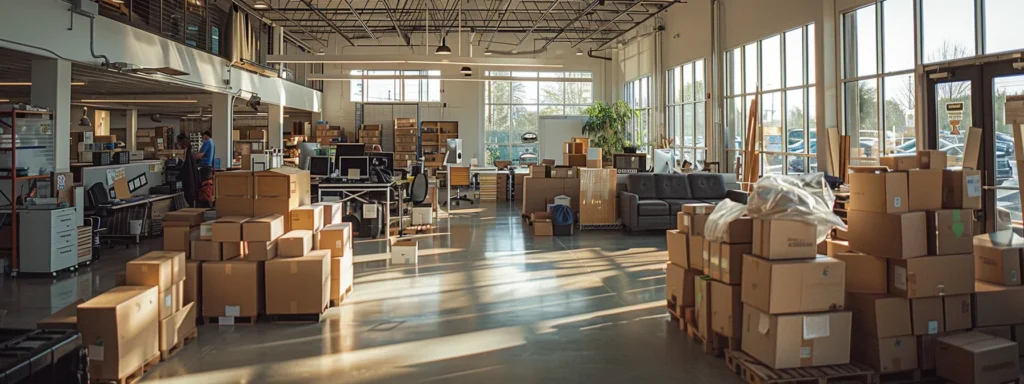 a dynamic office setting showcases a professional moving team carefully organizing and packing a variety of fragile items, emphasizing their efficient full-service capabilities for residential and commercial transitions in marlboro.