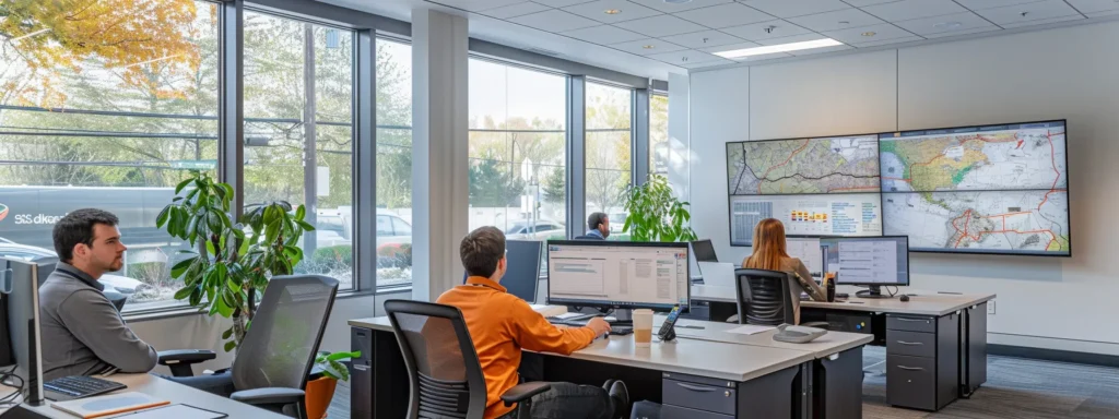 a dynamic office space bustling with professionals reviewing detailed maps and digital route optimization tools, portraying the vital importance of local knowledge for efficient navigation in marlboro's complex traffic environment.