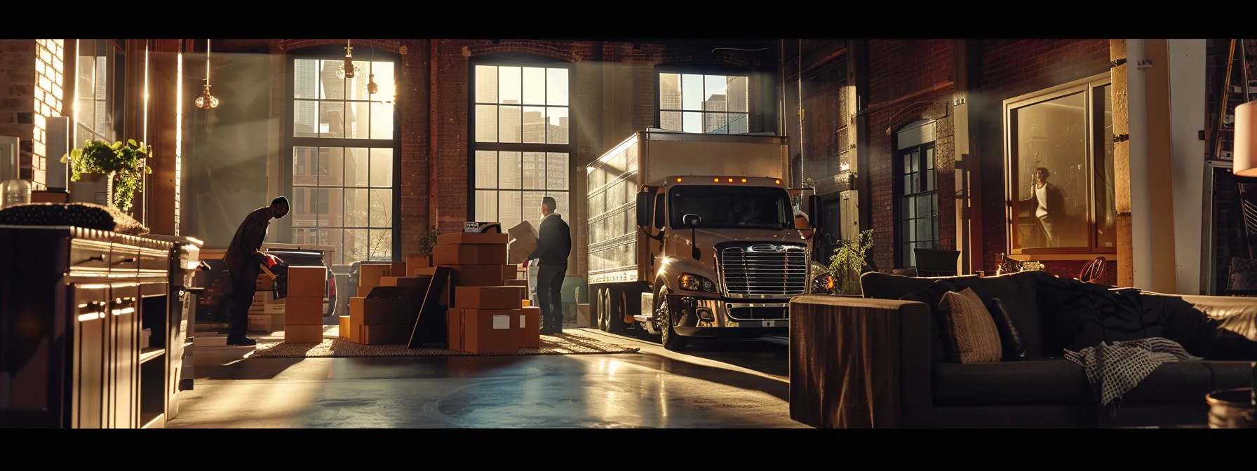 a dynamic scene in a bustling urban apartment, showcasing professional movers expertly maneuvering large furniture pieces with protective gear and a moving truck parked outside, illuminated by the warm glow of overhead lights.