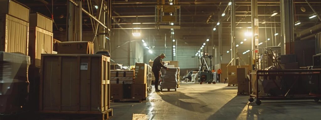 a dynamic scene inside a bustling moving company's warehouse shows professional movers skillfully packing high-end furniture into climate-controlled crates, with organized rows of packaging materials and specialized equipment in the background, illuminated by bright overhead lights.