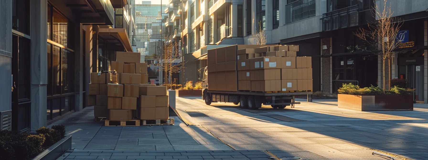 a dynamic scene of a spring lake, nj moving company truck unloading neatly stacked boxes at a bustling urban apartment complex, showcasing professionalism and efficiency against a backdrop of modern architecture.