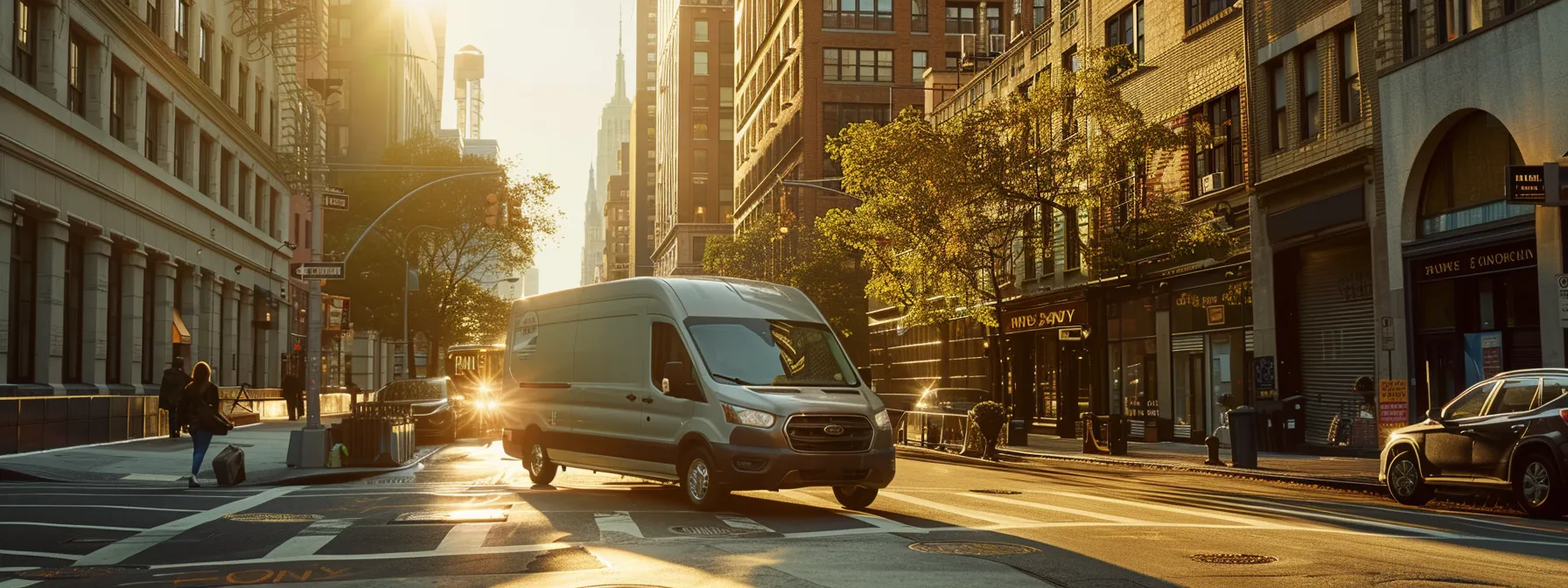 a dynamic urban environment showcases a sleek moving van navigating through bustling city streets, conveying a sense of momentum and efficient relocation.