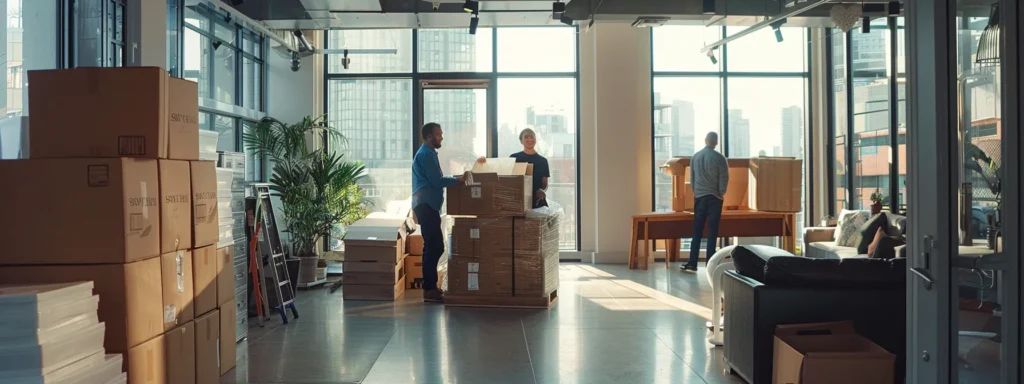 a dynamic urban office interior showcases a professional moving team efficiently packing and loading furniture into a moving truck, highlighting their meticulous approach to a residential relocation in new jersey.