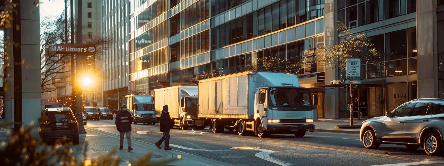 a dynamic urban scene showcasing a bustling moving company in action, with professional movers efficiently loading bright, branded trucks outside a sleek downtown office building, emphasizing the themes of teamwork and seamless relocation.