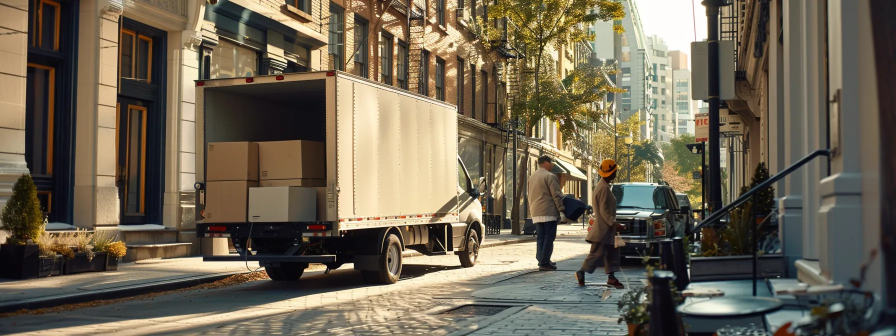 a dynamic urban scene showcases a professional moving crew expertly loading modern, neatly packed boxes into a sleek moving truck parked in a bustling city street, emphasizing efficiency and reliability in local moving services.