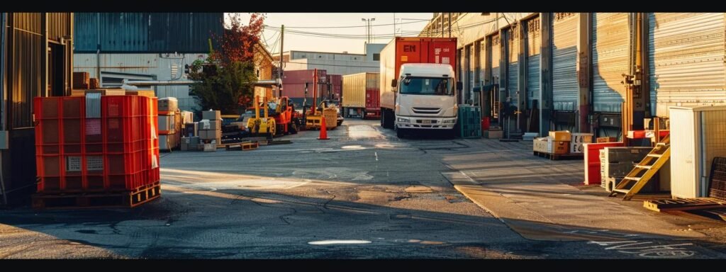 a dynamic urban scene showcases a bustling moving company in oceanport, nj, with large trucks parked prominently outside a modern warehouse, surrounded by strategically placed packing crates and colorful moving blankets.