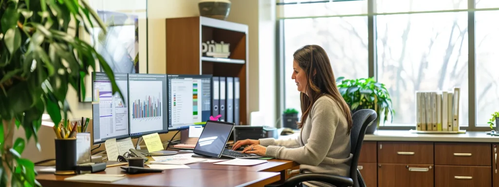 a focused business professional sits at a sleek, modern desk in a well-lit office, surrounded by detailed charts and documents that illustrate moving cost structures and budgeting strategies for a seamless transition in tinton falls, nj.
