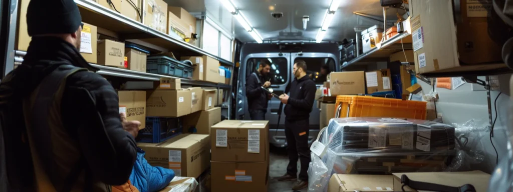 a focused interior shot of a bustling moving truck, showcasing neatly packed boxes labeled with care, a professional driver inspecting fragile items with a clipboard, and clear communication taking place between the team, all illuminated by bright overhead lights to emphasize a meticulous and organized moving process.