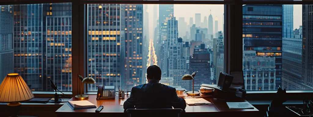 a focused office scene captures a person analyzing moving company documents on a sleek desk, illuminated by soft artificial light, with city skyscrapers visible through a large window, symbolizing the careful scrutiny needed to navigate the risks of low-priced movers in nyc.
