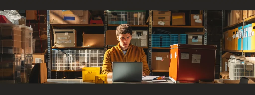 a focused office space showcases a professional analyzing interstate moving company credentials on a sleek laptop, surrounded by colorful moving quotes and storage solutions, illuminated by warm, overhead lighting to create a productive atmosphere.