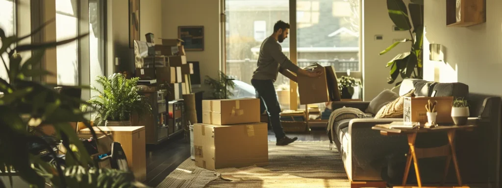 a focused scene inside a modern apartment shows a homeowner actively engaging with a professional moving crew, as they carefully load sturdy boxes onto a truck amidst a backdrop of organized moving supplies, symbolizing a strategic approach to a seamless relocation process.