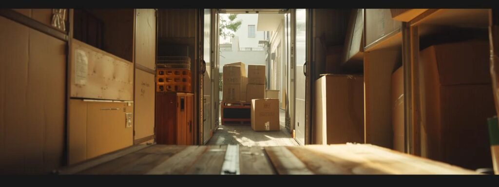 a focused scene inside a bustling moving truck showcases a professional team of movers expertly maneuvering large furniture through a narrow hallway, highlighting their dedication to careful, skilled relocation in an urban residential setting.