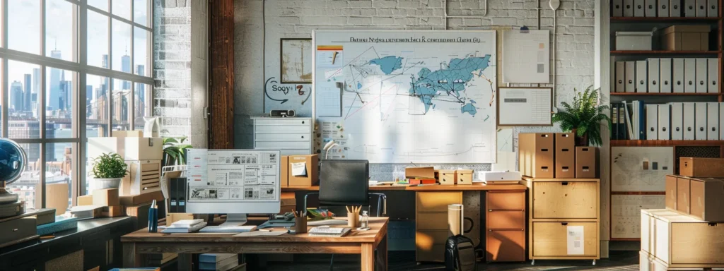 a meticulously organized home office space filled with packing materials, a detailed timeline on a large whiteboard, and vibrant charts outlining logistics for a smooth relocation, all set against a backdrop of a bustling urban skyline symbolizing the transition to shrewsbury, nj.