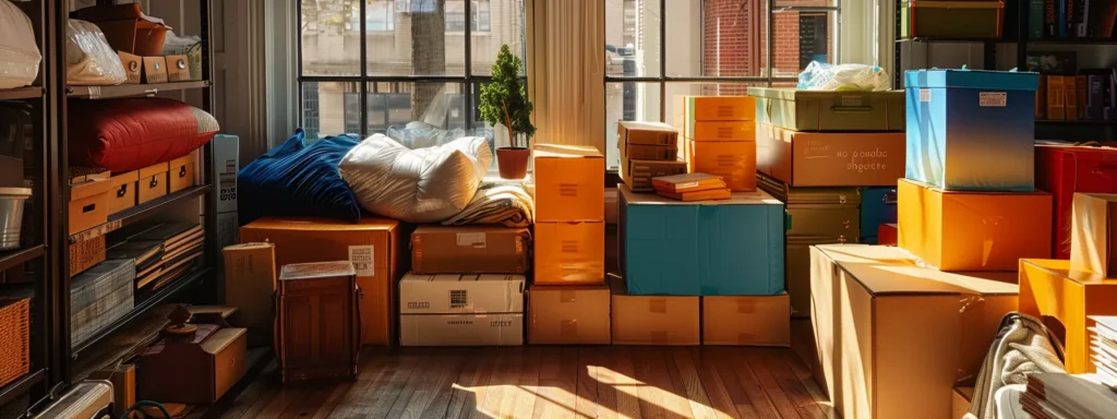 a meticulously organized moving setup in a new york city apartment, featuring color-coded boxes with clear labels stacked neatly, surrounded by carefully wrapped fragile items, exuding a sense of efficiency and preparation for a seamless relocation.