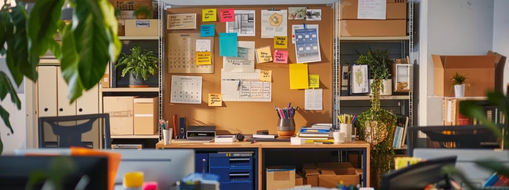a meticulously organized office workspace features a large bulletin board filled with colorful moving checklists, calendar reminders, and relocation tips, set against a backdrop of boxes and packing supplies, embodying the theme of a seamless transition to a new home in sea bright.