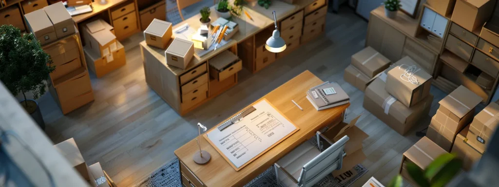 a meticulously organized office workspace displays an extensive moving checklist on a clipboard, surrounded by neatly packed boxes and labeled folders, capturing the essence of a well-planned, efficient relocation process.