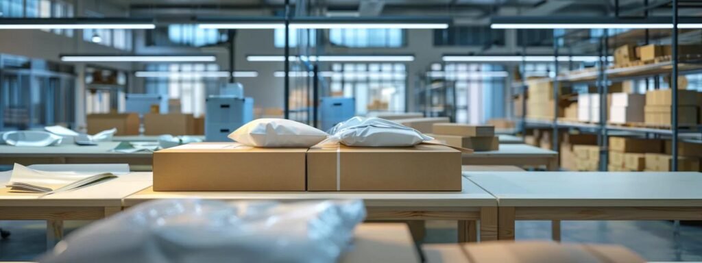a meticulously organized packing scene inside a bright, modern office space, showcasing a box filled with cushioned, carefully arranged fragile items, emphasizing the precision and care involved in the packing process.