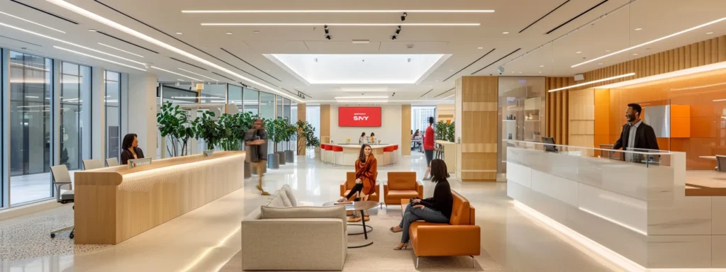 a modern, brightly lit office setting featuring a diverse group of smiling customers engaging in animated conversations about their positive experiences with a moving company, showcasing an atmosphere of trust and community.