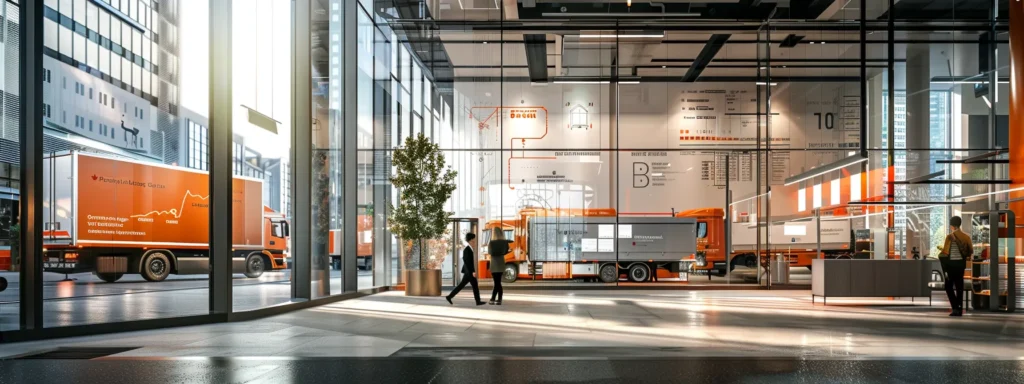 a modern, bustling office space showcases a professional team members collaboratively planning a seamless moving operation, with sleek moving trucks parked outside and organizational charts on the glass walls, emphasizing trust and efficiency in the moving industry.