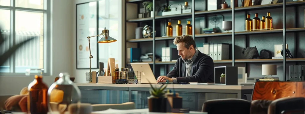 a modern marlboro office environment, featuring a focused individual seated at a sleek desk with a laptop open, surrounded by informative materials on moving services, effectively highlighting the process of selecting a local moving service with emphasis on reviews and fee structures.