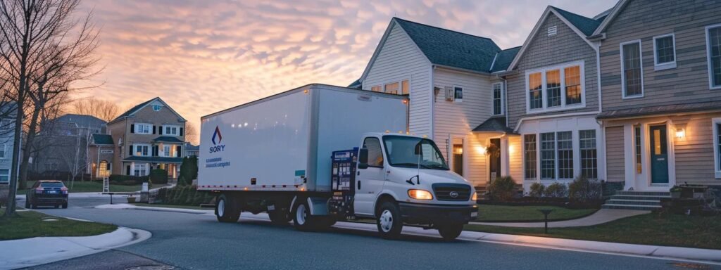 a modern moving truck, emblazoned with a vibrant logo, is parked outside a bustling suburban home in oceanport, nj, as professional movers expertly load a variety of furniture and boxes, showcasing the seamless relocation experience offered to local families and businesses.