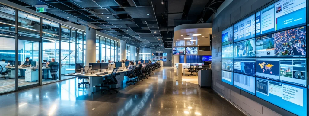 a modern office environment captures a focused customer support team engaged in vibrant collaboration, surrounded by digital displays illustrating responsive communication and customer satisfaction metrics in the moving industry.