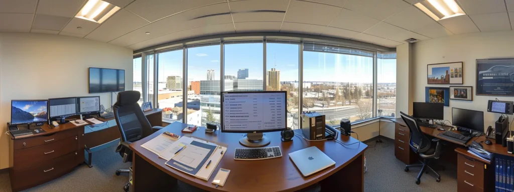 a modern office environment showcases a well-organized desk with a laptop displaying customer reviews, moving company certifications, and equipment standards, emphasizing the meticulous process of selecting a reliable moving service in an urban setting.