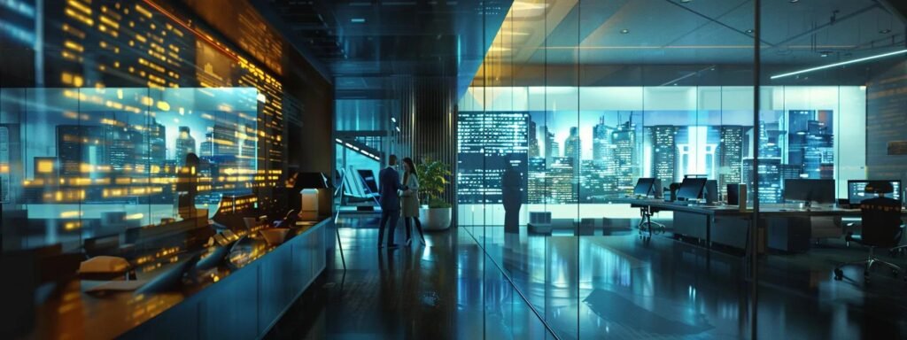 a modern office environment showcases a large, transparent screen displaying detailed moving estimates and fee breakdowns, with a diverse team of professionals engaging in a discussion about pricing strategies, reflecting clarity and fairness in the moving industry.