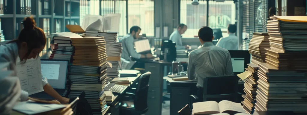 a modern office space bustling with activity, showcasing a diverse group of professionals intently comparing moving company contracts on sleek laptops, surrounded by stacks of documents and charts, embodying the theme of careful planning for a stress-free relocation.